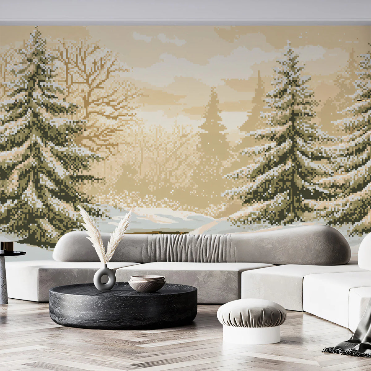 Pixel Art Winter Forest Mural Wallpaper — Vintage Sepia Landscape Mural Wallpaper - pure wallpaper artwork
