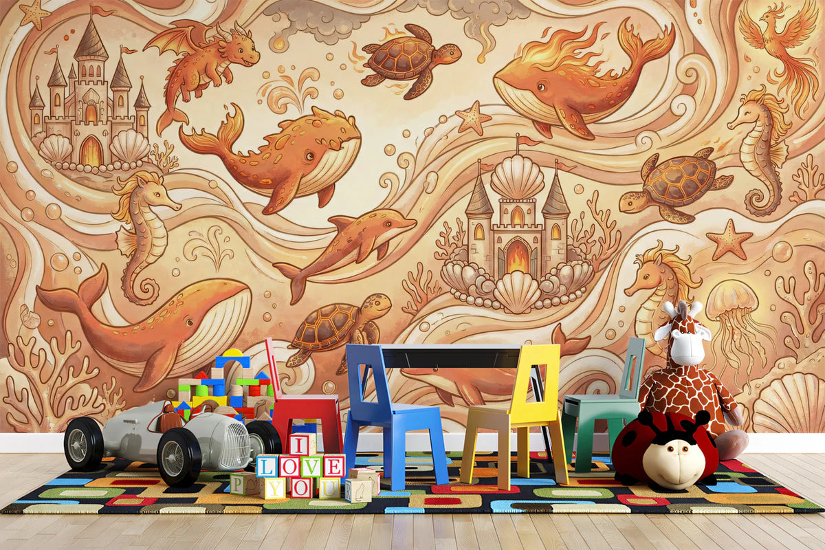 Fantasy Marine Kingdom Mural Wallpaper — Whimsical Gold and Sepia Mural Wallpaper - pure wallpaper artwork