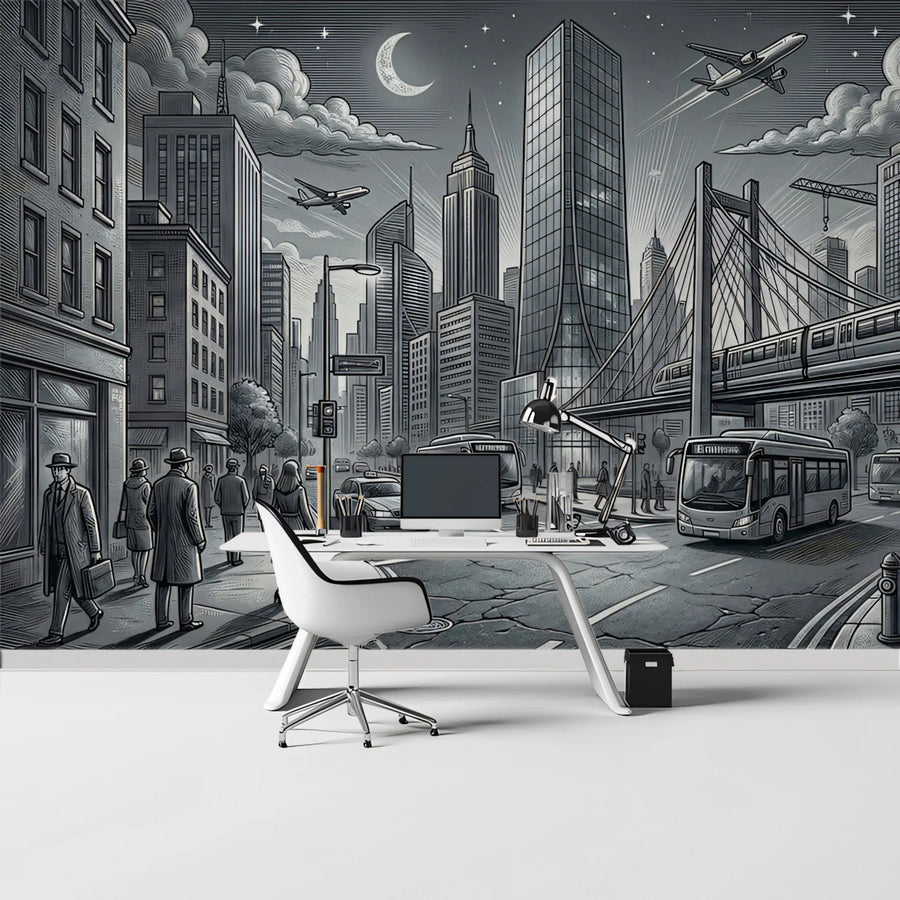 Metropolitan Nightscape Mural Wallpaper —Ink Sketch Illustration Mural Wallpaper