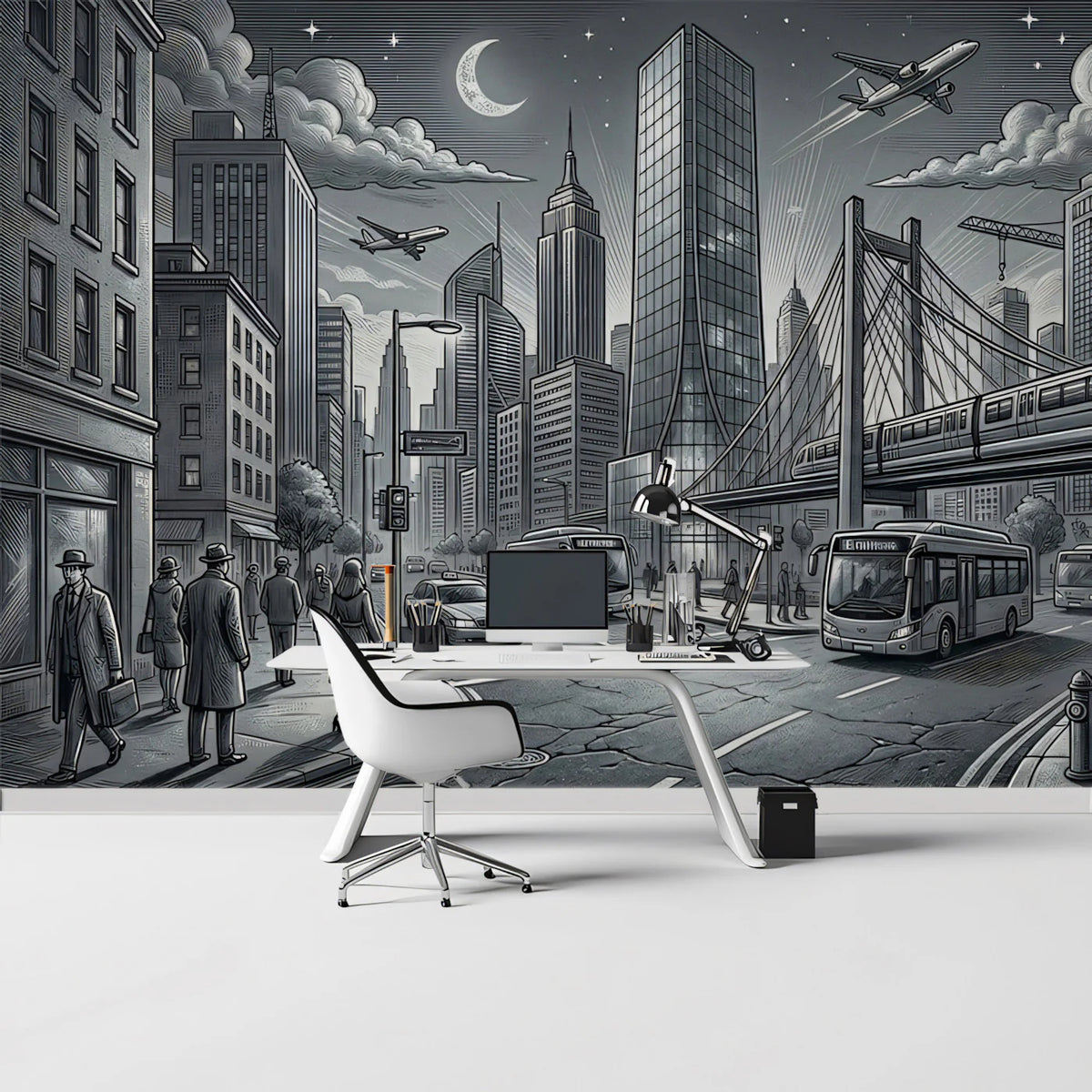 Metropolitan Nightscape Mural Wallpaper —Ink Sketch Illustration Mural Wallpaper - pure wallpaper artwork