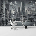 Metropolitan Nightscape Mural Wallpaper —Ink Sketch Illustration Mural Wallpaper - pure wallpaper artwork