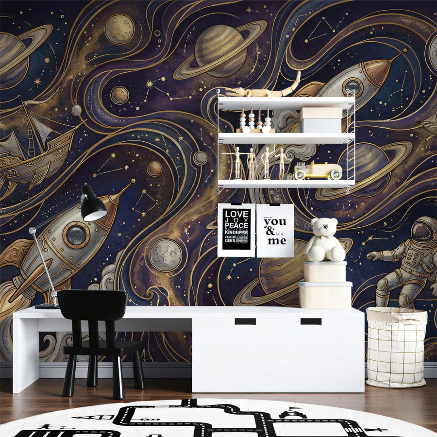 Vintage Cosmic Journey Mural Wallpaper — Celestial Exploration Art Mural Wallpaper