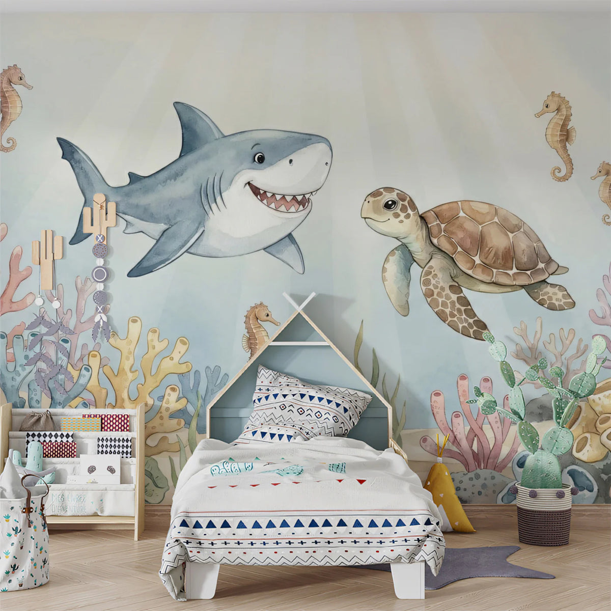 Friendly Shark and Turtle Underwater Mural Wallpaper — Watercolor Mural Wallpaper - pure wallpaper artwork