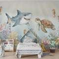 Friendly Shark and Turtle Underwater Mural Wallpaper — Watercolor Mural Wallpaper - pure wallpaper artwork