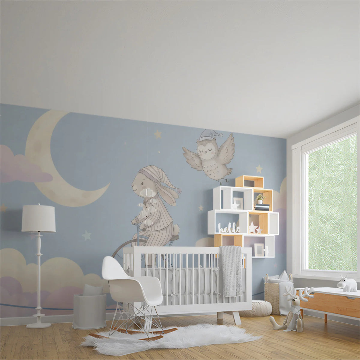 Bunny on Penny Farthing Night Sky Mural Wallpaper — Whimsical Style Mural Wallpaper - pure wallpaper artwork