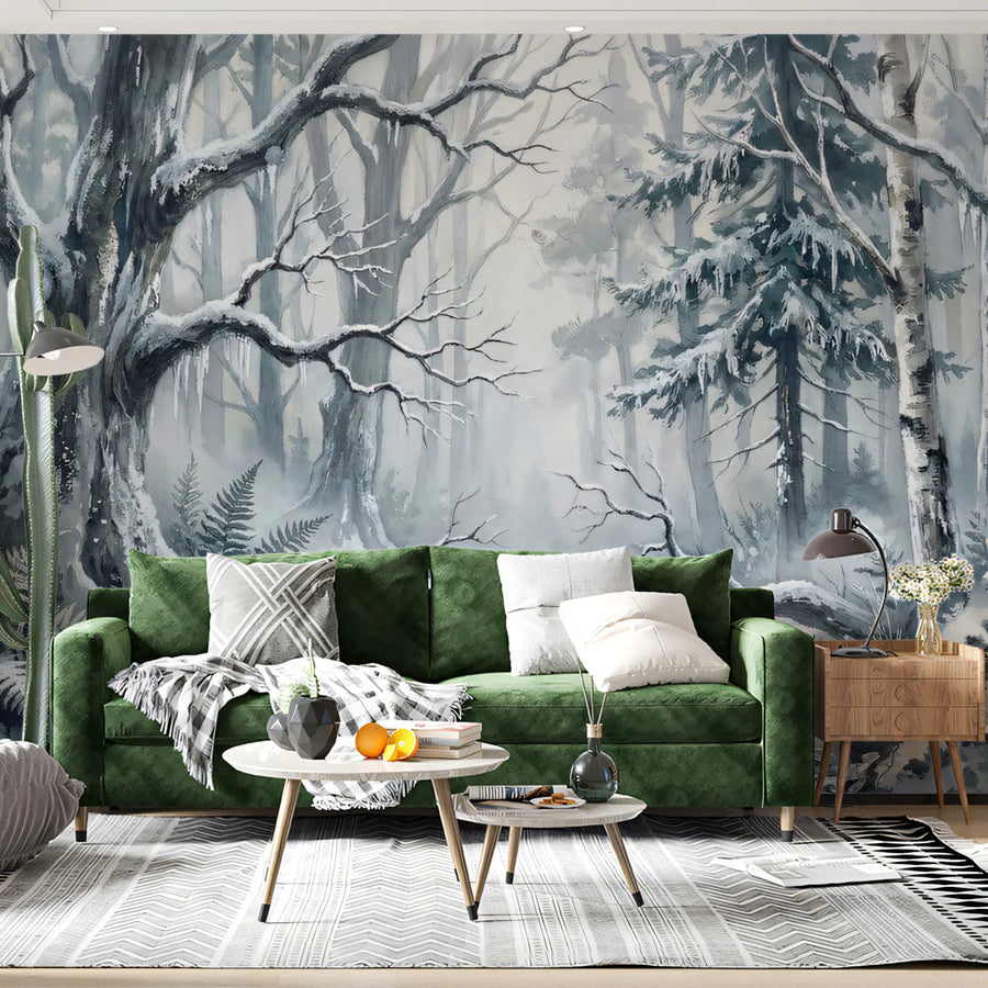 Snowy Winter Forest Mural Wallpaper — Impressionistic Scenery Mural Wallpaper