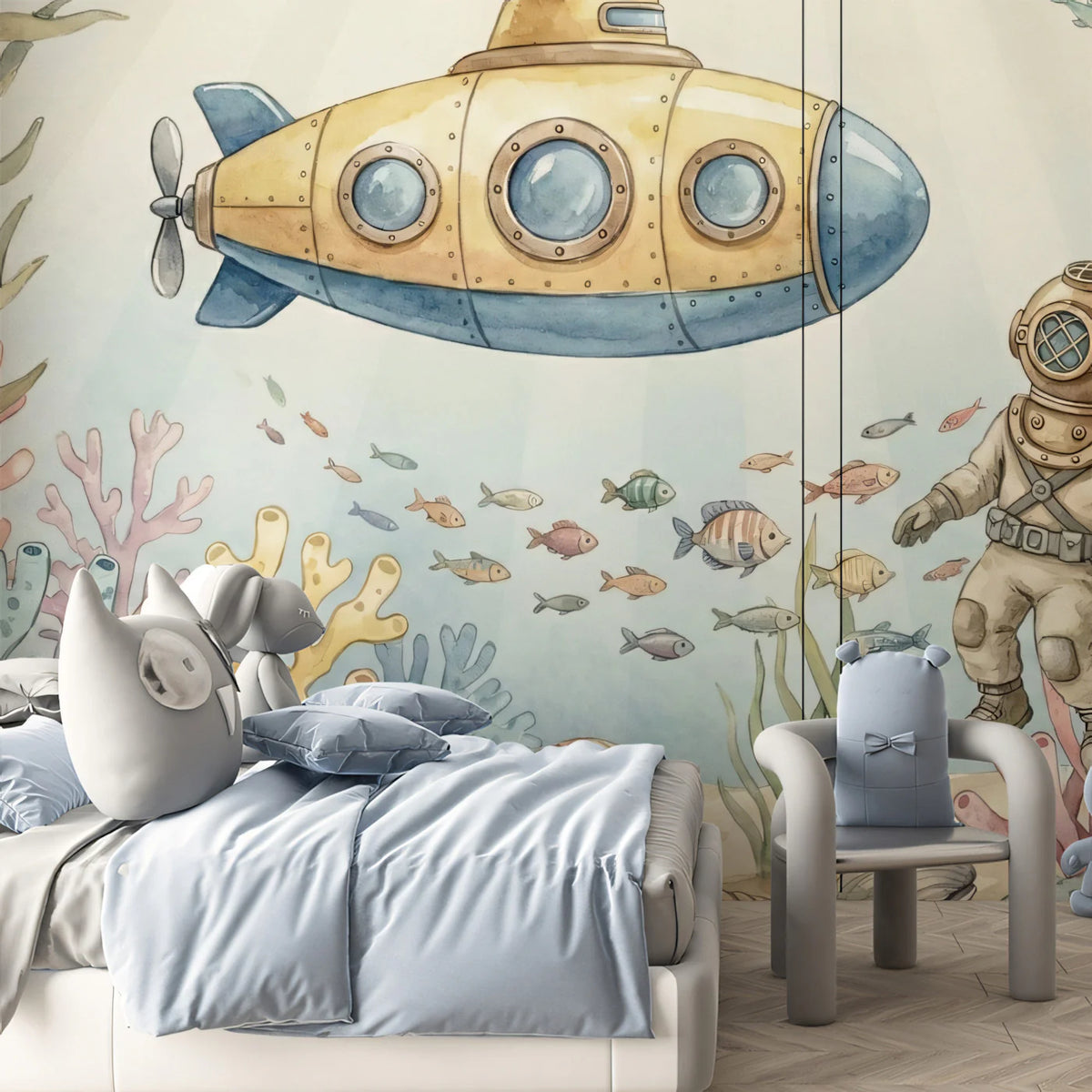 Underwater Exploration Mural Wallpaper — Vintage Deep Sea Design Mural Wallpaper - pure wallpaper artwork