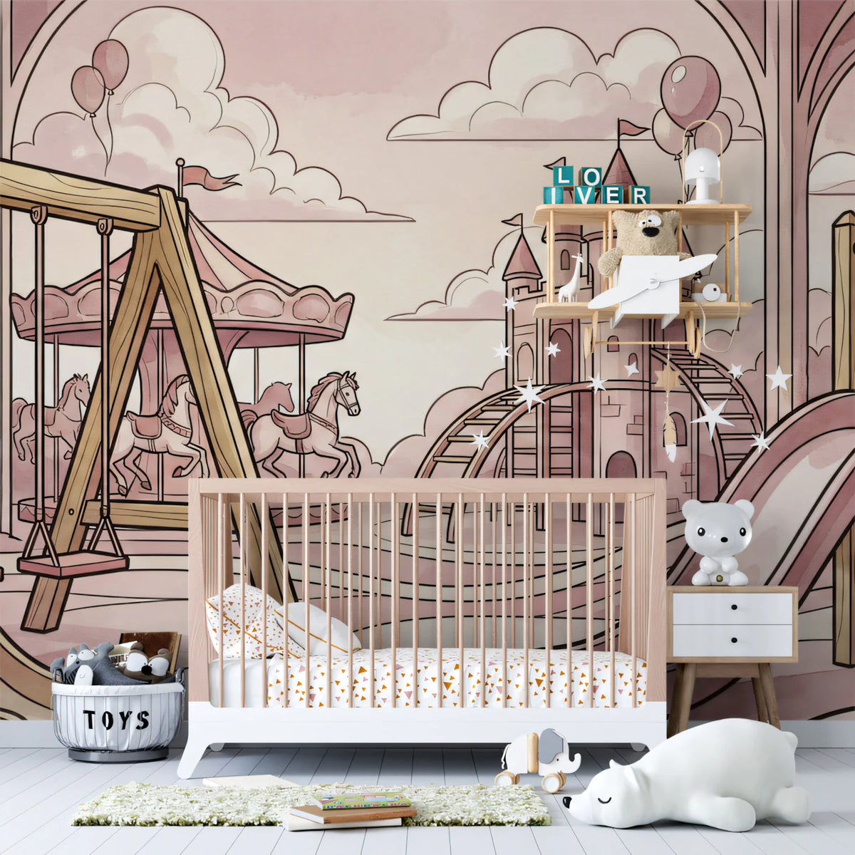Vintage Playground Sketch Mural Wallpaper — Whimsical Pink Mural Wallpaper - pure wallpaper artwork