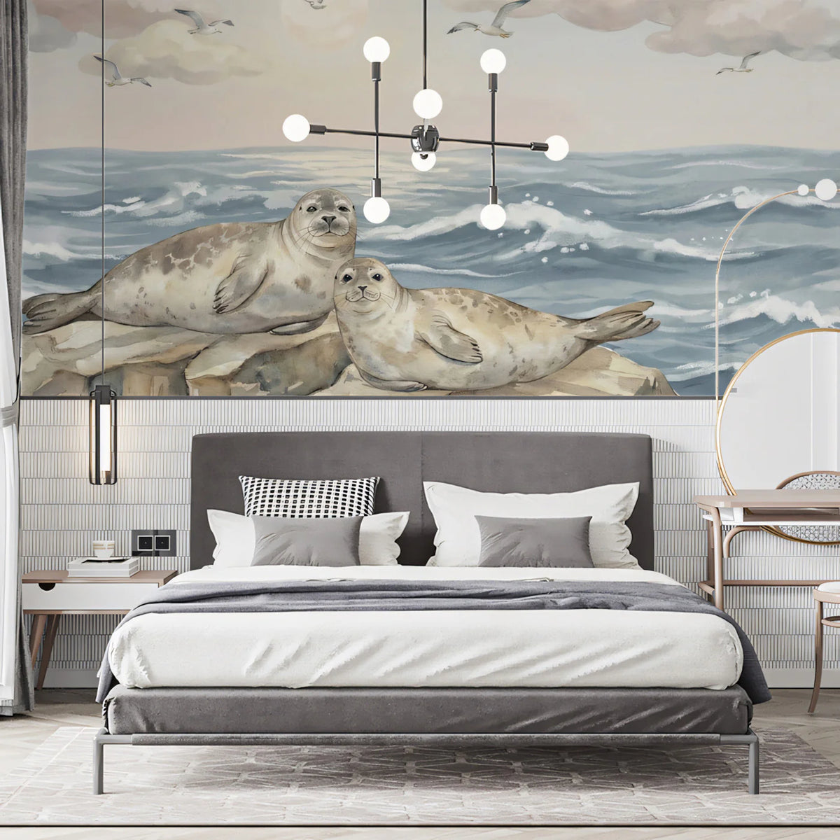 Watercolor Coastal Seals Mural Wallpaper — Soft Sunset Scene Mural Wallpaper - pure wallpaper artwork