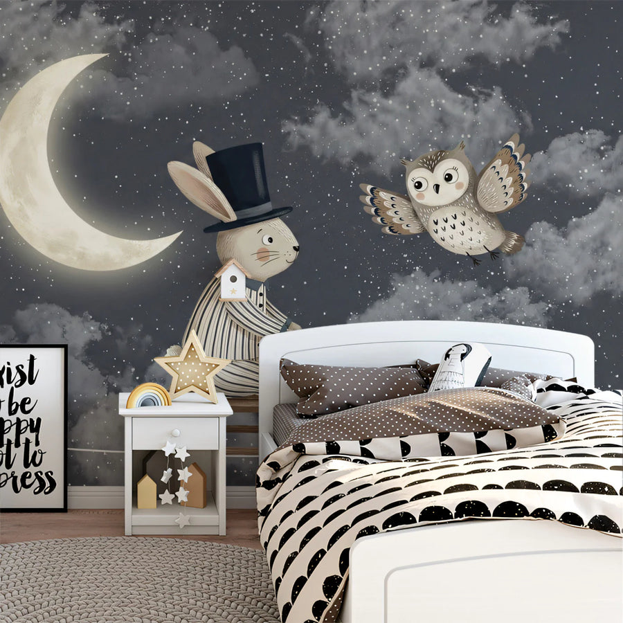 Starry Bunny and Owl Night Sky Mural Wallpaper — Whimsical Decor Mural Wallpaper