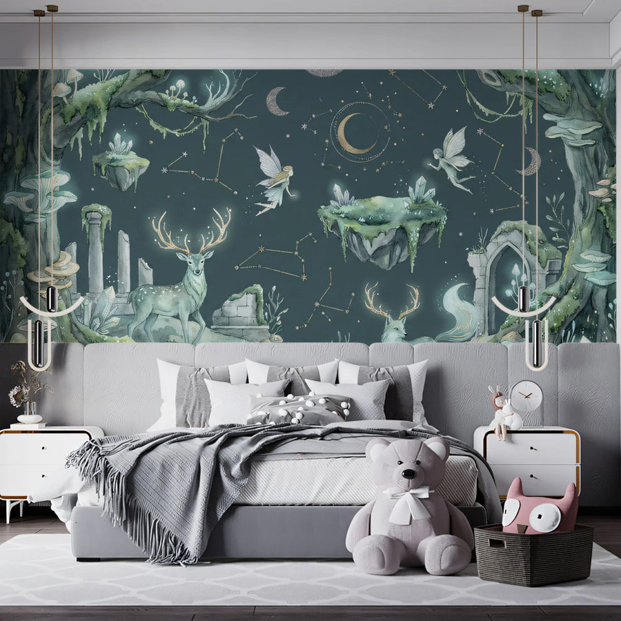 Mystical Midnight Forest Mural Wallpaper with Fairies and Deer Mural Wallpaper