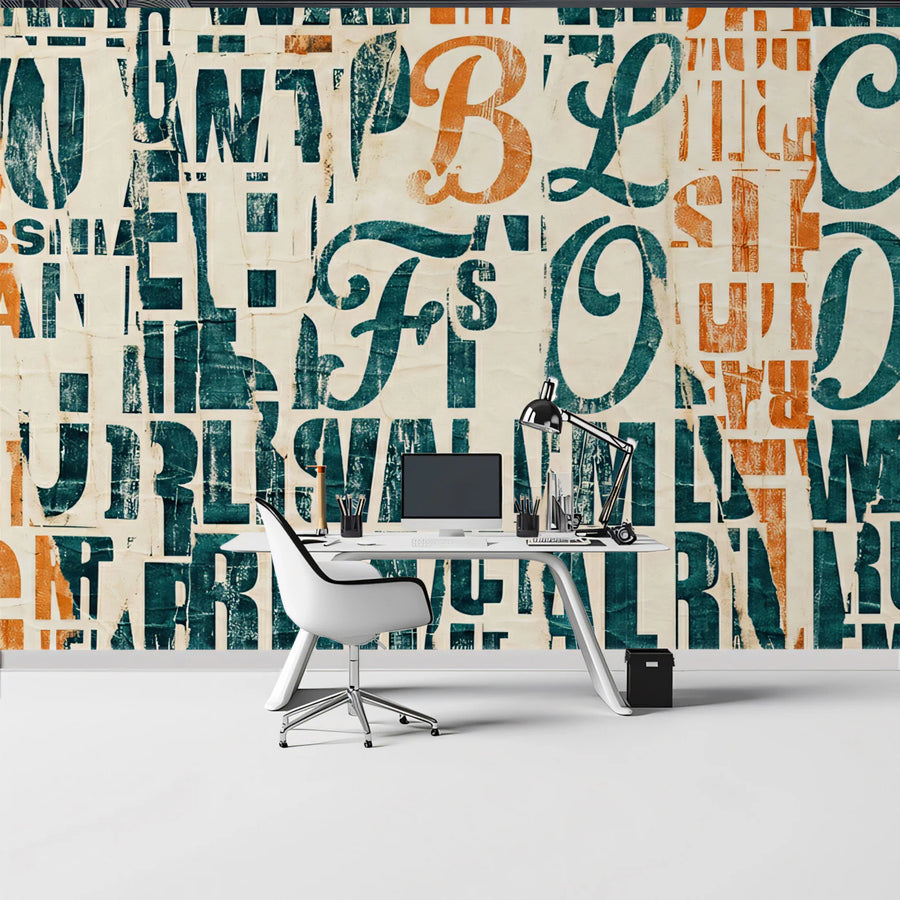 Distressed Typography Collage Mural Wallpaper — Industrial Urban Style Mural Wallpaper