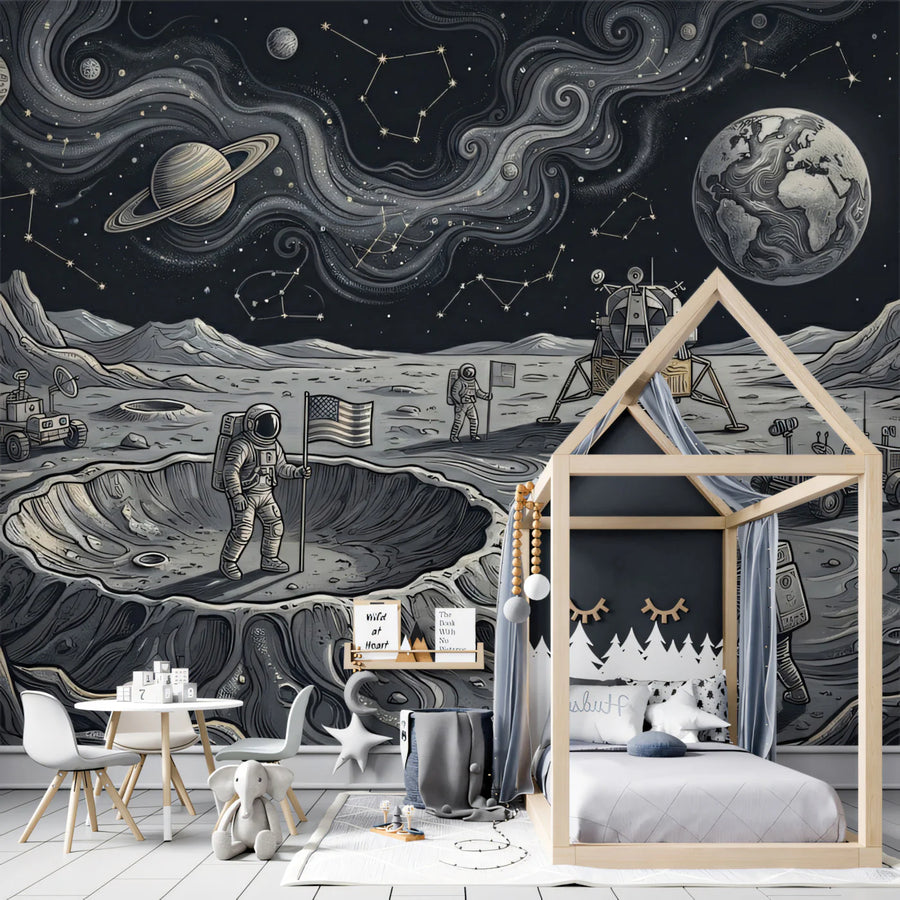 Lunar Exploration Mural Wallpaper —Vintage Space Sketch Style Mural Wallpaper