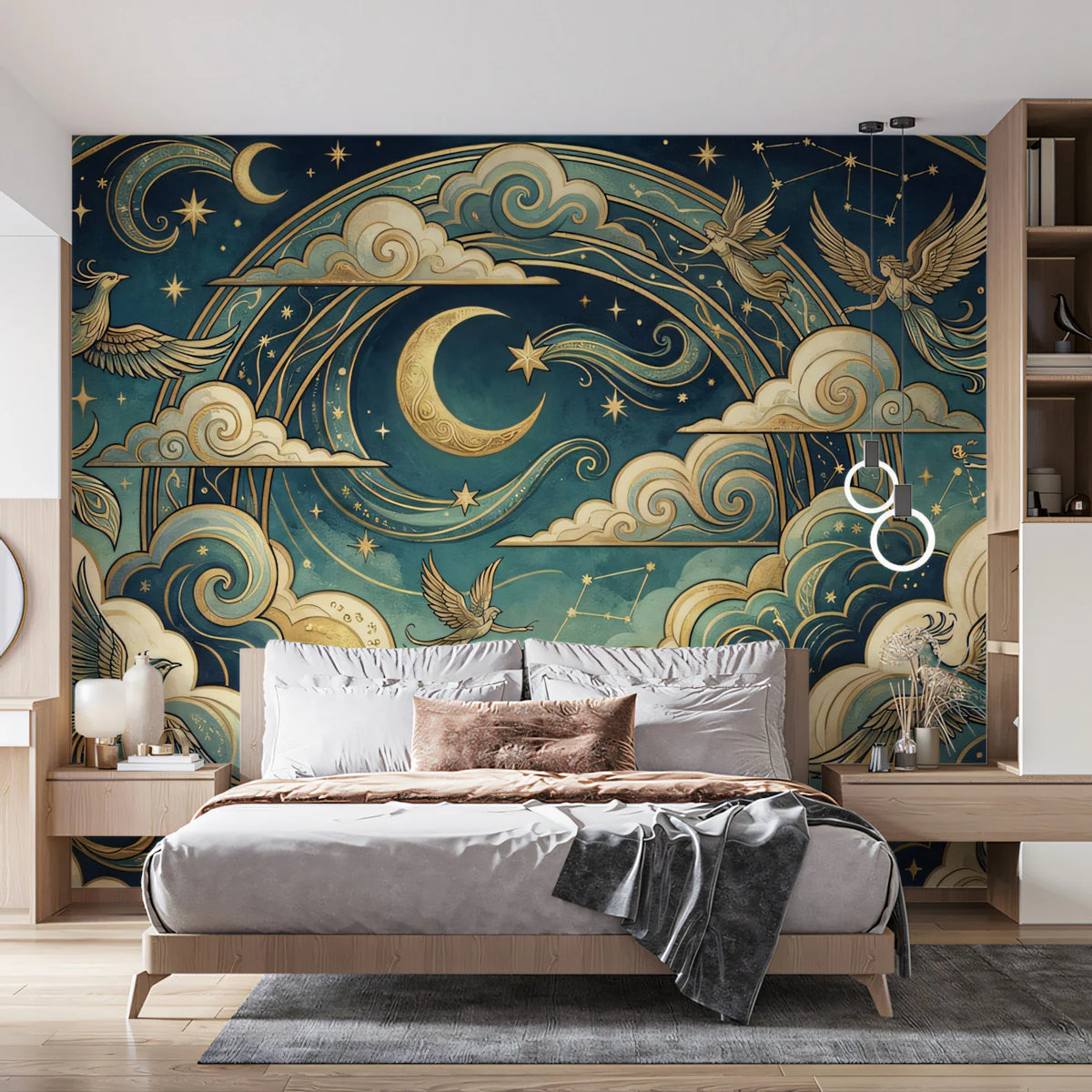Celestial Phoenix Mural Wallpaper — Mythological Night Sky Art Mural Wallpaper - pure wallpaper artwork