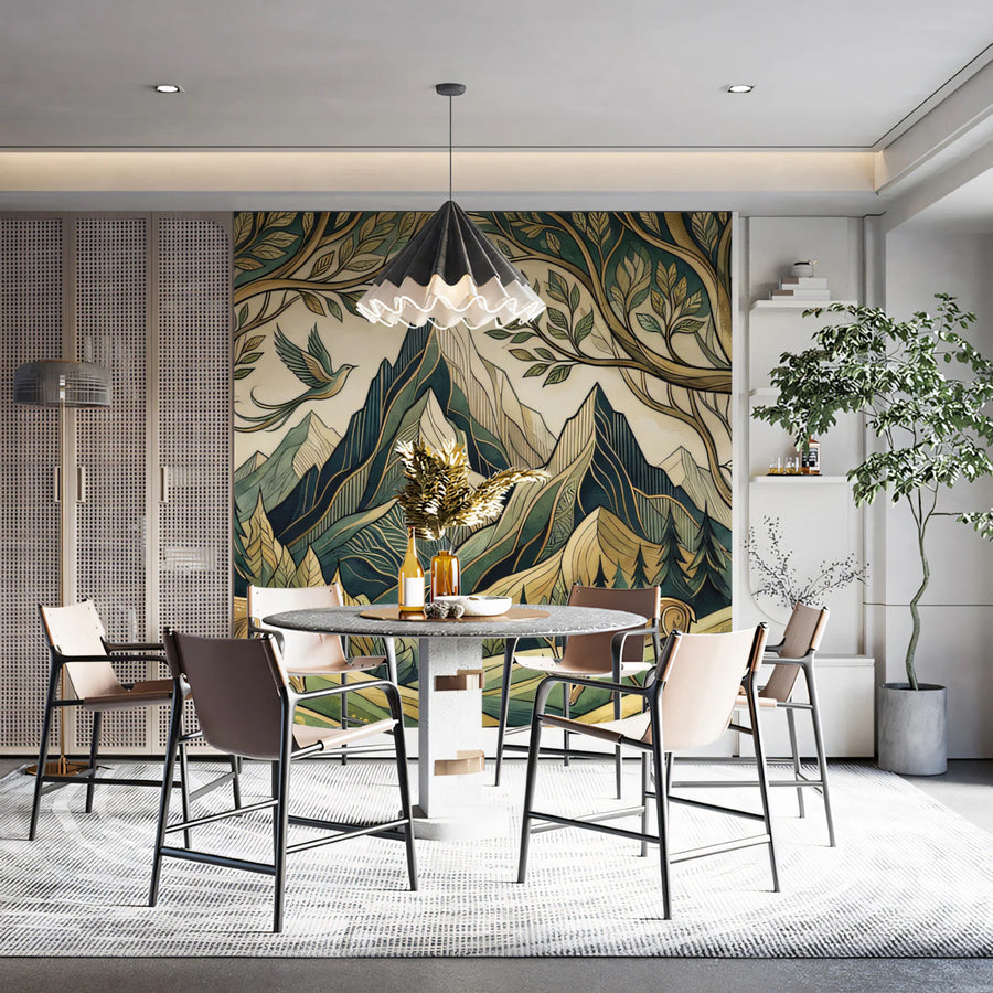 Art Nouveau Mountain and Forest Mural Wallpaper