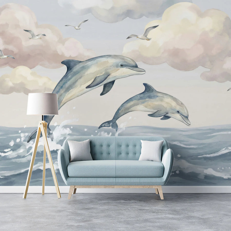 Watercolor Jumping Dolphins Mural Wallpaper — Coastal Calm Mural Wallpaper