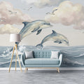 Watercolor Jumping Dolphins Mural Wallpaper — Coastal Calm Mural Wallpaper - pure wallpaper artwork