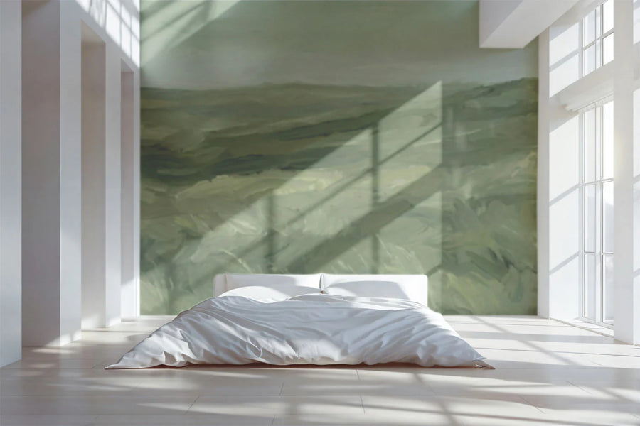 Abstract Meadow Landscape Mural Wallpaper — Painterly Green Art Mural Wallpaper