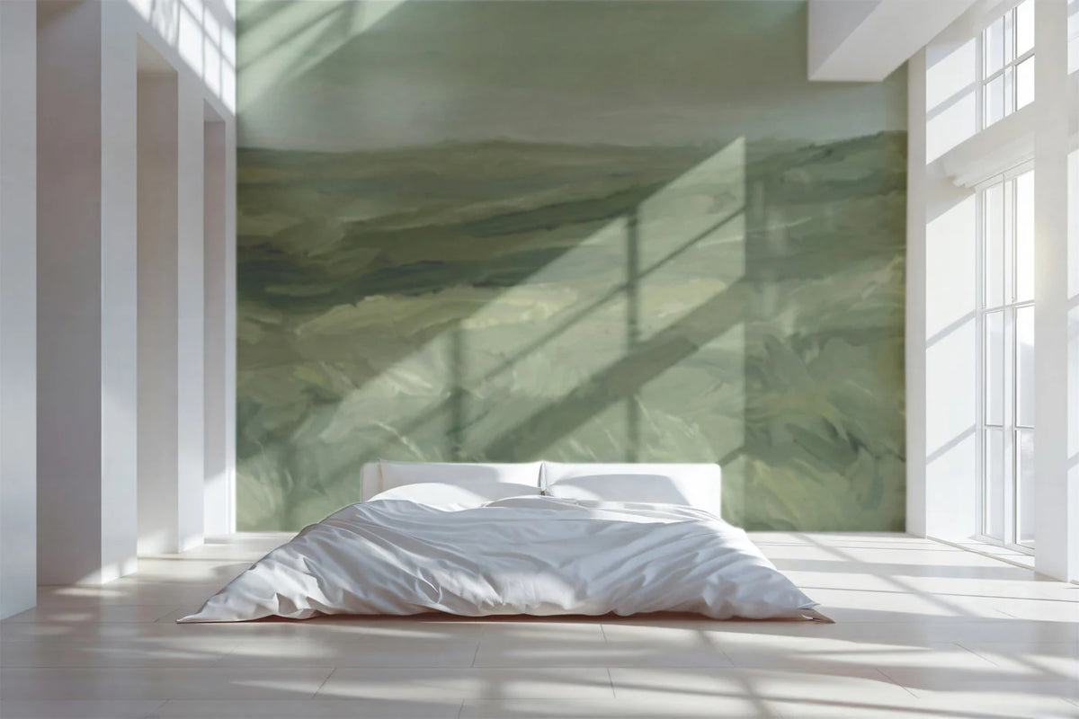 Abstract Meadow Landscape Mural Wallpaper — Painterly Green Art Mural Wallpaper - pure wallpaper artwork