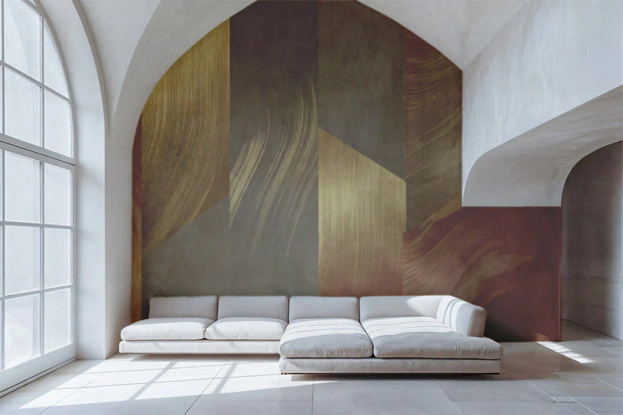 Abstract Geometric Gold and Terracotta Mural Wallpaper
