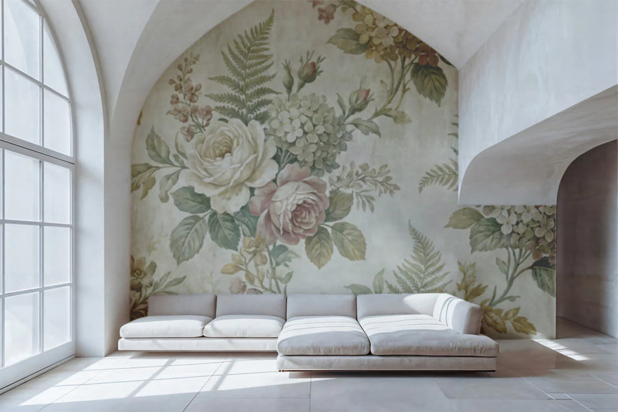 Victorian Botanical Rose and Hydrangea Mural Wallpaper