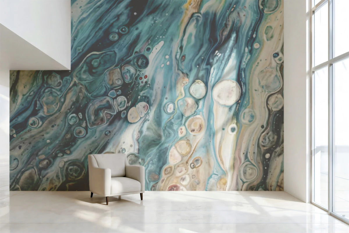 Oceanic Fluid Art Mural Wallpaper — Abstract Blue and Sand Swirls Mural Wallpaper - pure wallpaper artwork