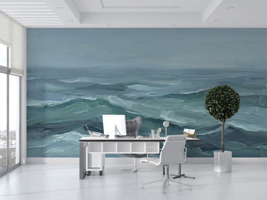 Impressionist Ocean Wave Mural Wallpaper — Moody Coastal Art Mural Wallpaper
