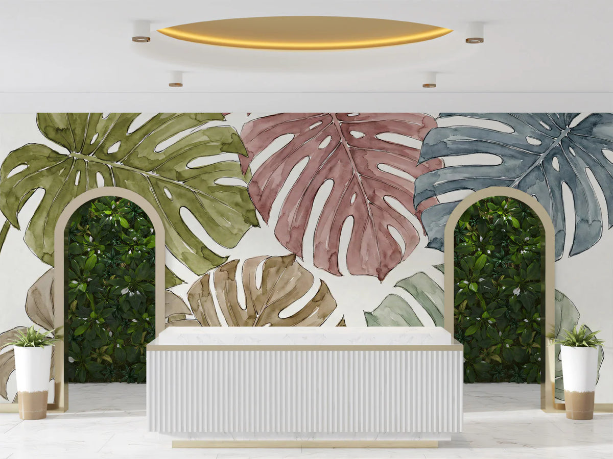 Watercolor Monstera Leaf Mural Wallpaper — Organic Tropical Design Mural Wallpaper - pure wallpaper artwork