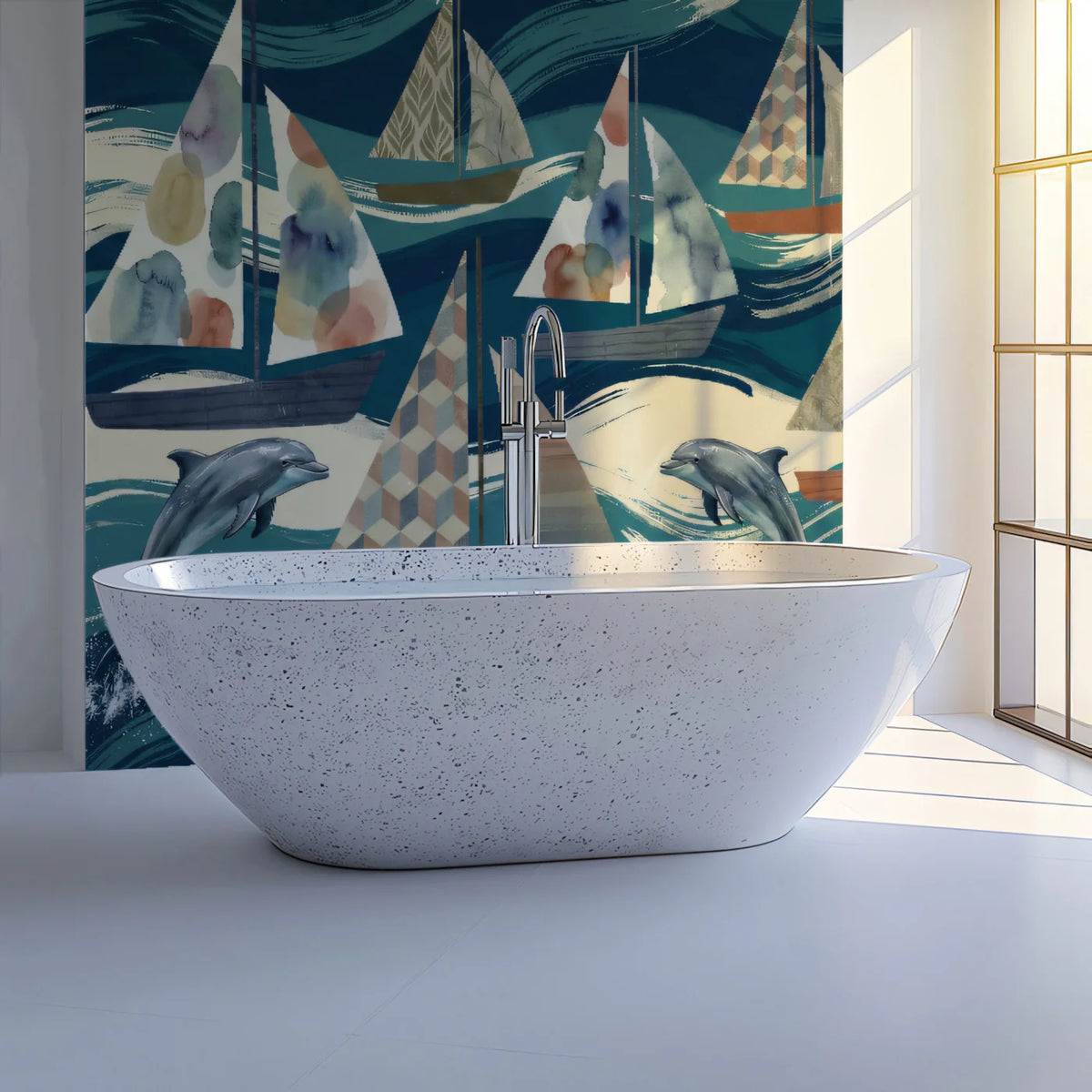Sailboat and Dolphin Nautical Mural Wallpaper — Whimsical Coastal Art Mural Wallpaper - pure wallpaper artwork