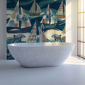 Sailboat and Dolphin Nautical Mural Wallpaper — Whimsical Coastal Art Mural Wallpaper - pure wallpaper artwork