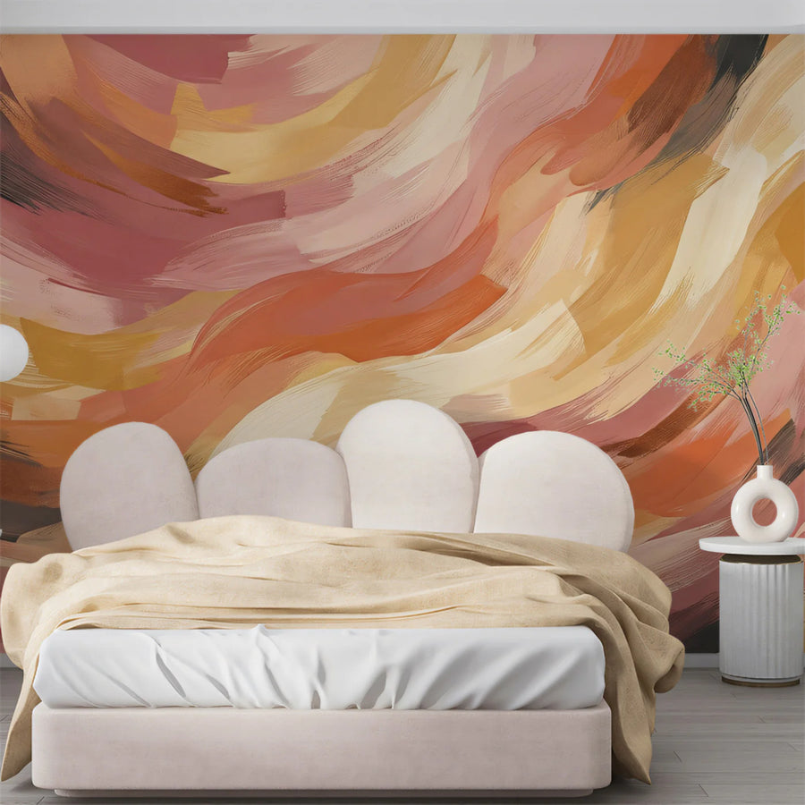 Abstract Swirl Mural Wallpaper — Warm Terracotta and Ochre Brushstrokes Mural Wallpaper