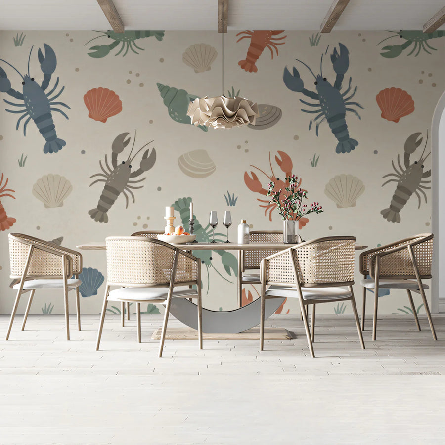 Coastal Lobster and Shell Mural Wallpaper —Playful Beach Decor Mural Wallpaper
