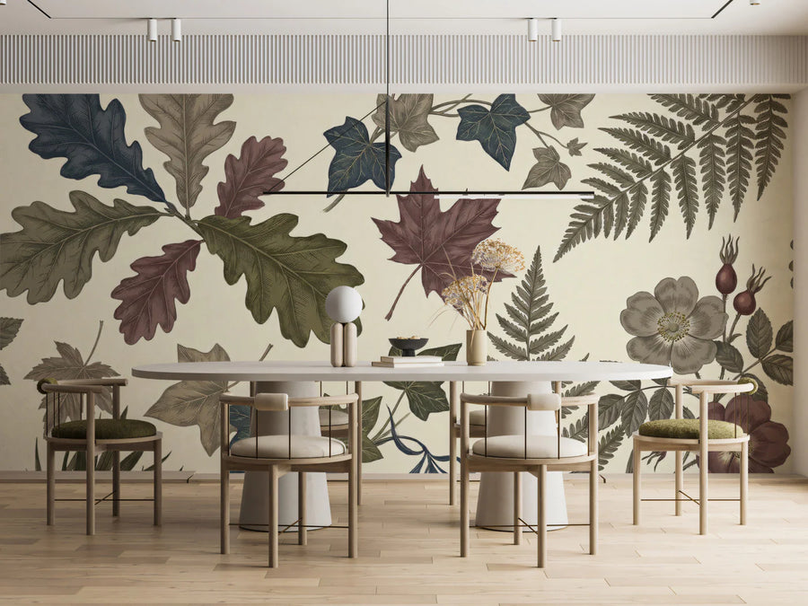 Vintage Autumn Botanical Mural Wallpaper in Rich Earthy Tones Mural Wallpaper
