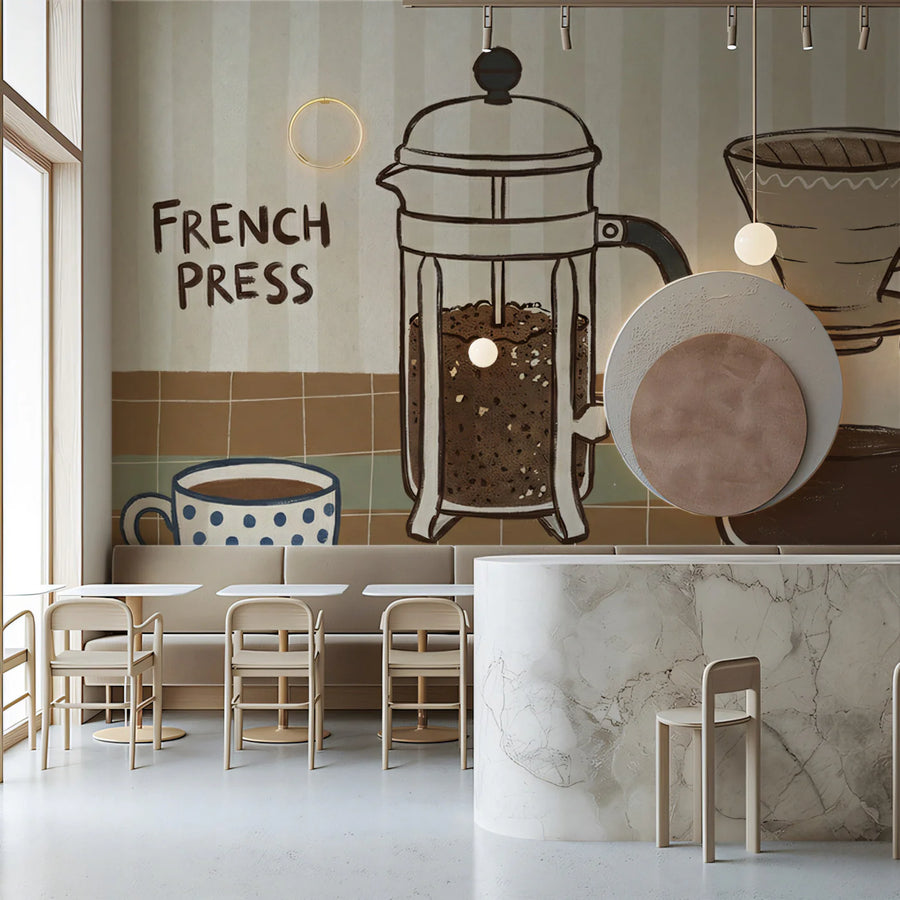 Vintage Coffee Bar Mural Wallpaper — Hand-Drawn Cafe Illustration Mural Wallpaper
