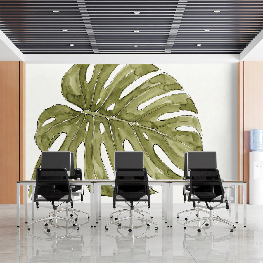 Watercolor Monstera Leaf Mural Wallpaper — Organic Japandi Decor Mural Wallpaper