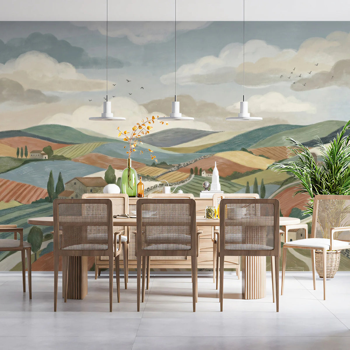 Tuscan Hillside Mural Wallpaper — Painterly Countryside Landscape Mural Wallpaper - pure wallpaper artwork
