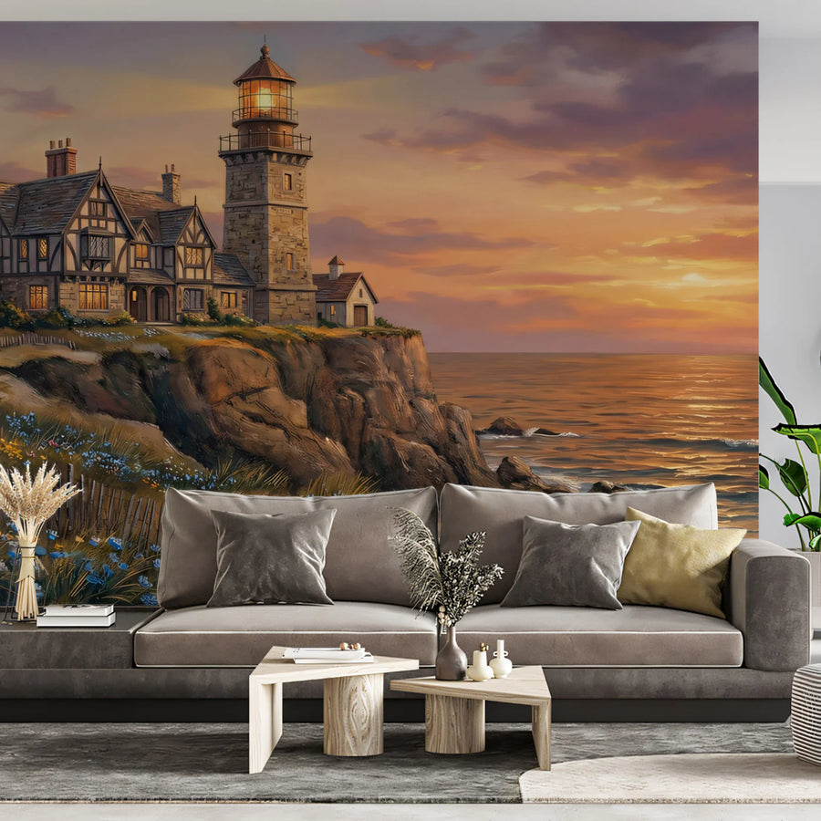 Coastal Lighthouse Cottage Mural Wallpaper — Warm Sunset Seascape Mural Wallpaper