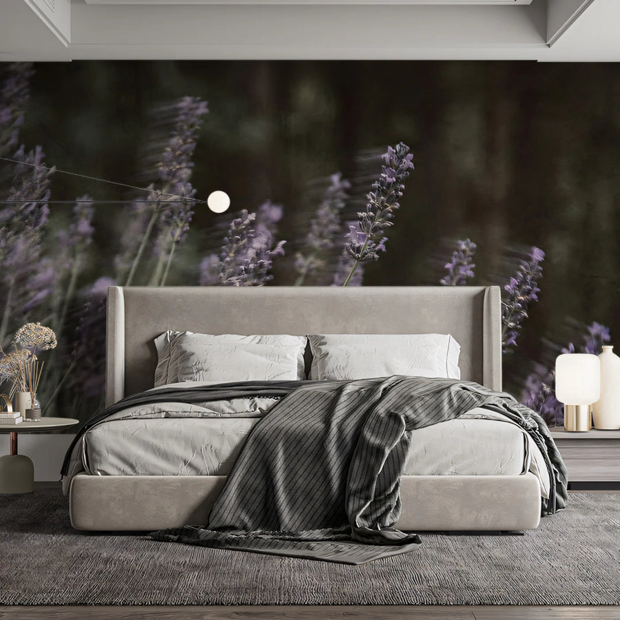 Blurred Lavender Field Mural Wallpaper — Moody Nature Wall Decor Mural Wallpaper
