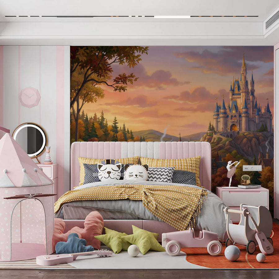 Fairytale Castle Landscape Mural Wallpaper — Whimsical Storybook Scene Mural Wallpaper