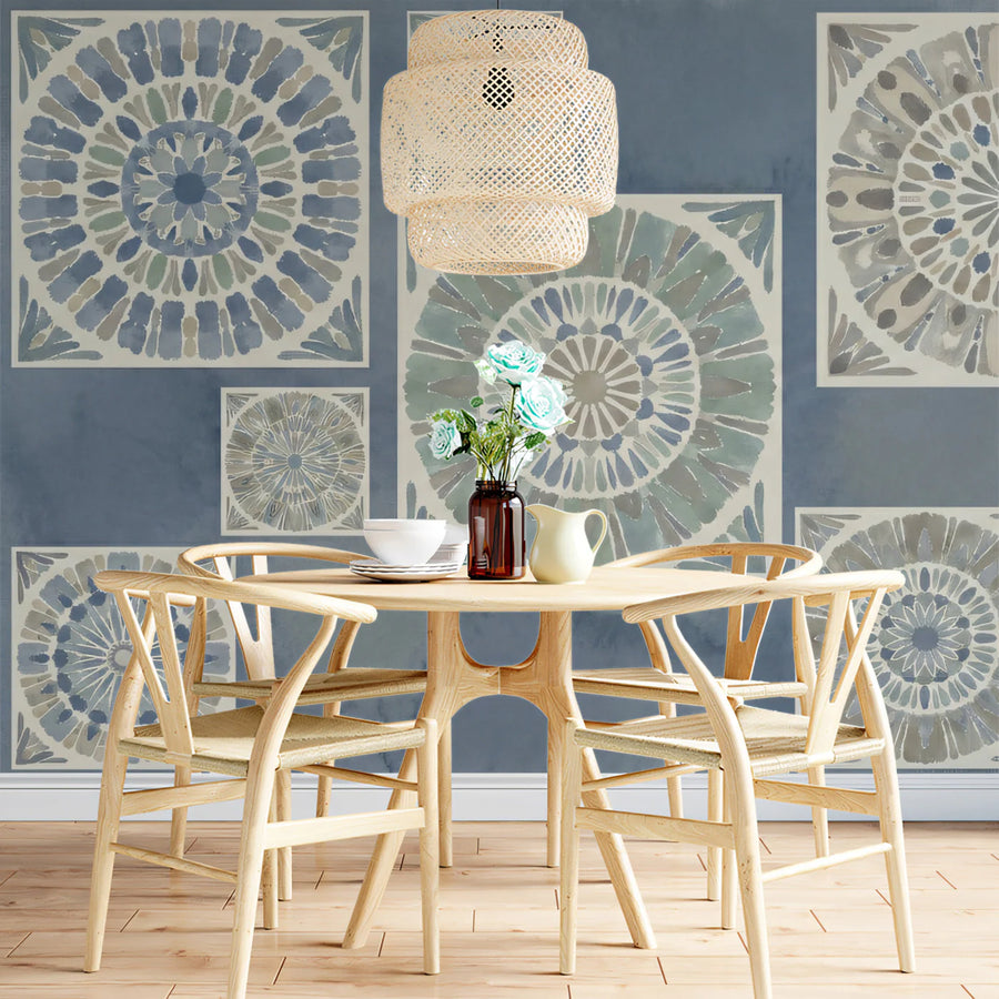 Watercolor Mandala Tile Mural Wallpaper — Bohemian Mediterranean Style Mural Wallpaper
