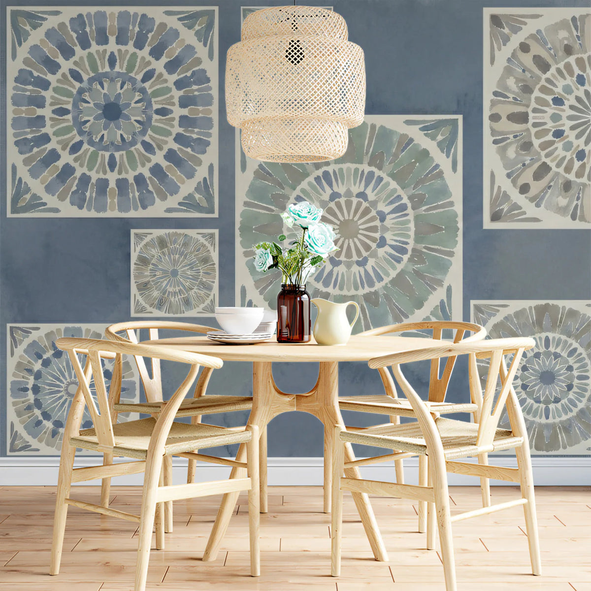 Watercolor Mandala Tile Mural Wallpaper — Bohemian Mediterranean Style Mural Wallpaper - pure wallpaper artwork