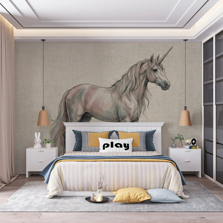 Mythical Unicorn Illustration Mural Wallpaper — Artistic Linen Style Mural Wallpaper