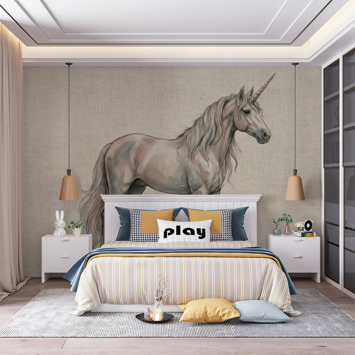 Mythical Unicorn Illustration Mural Wallpaper — Artistic Linen Style Mural Wallpaper - pure wallpaper artwork