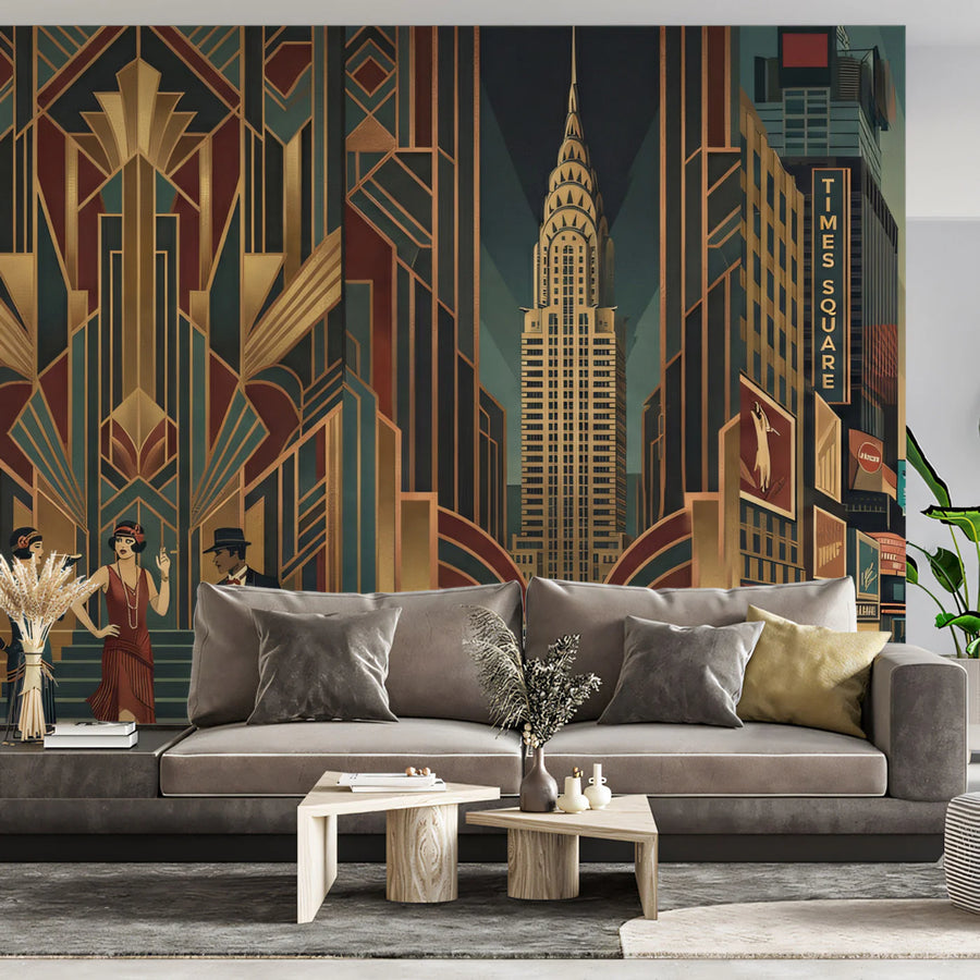 Roaring Twenties Cityscape Mural Wallpaper — Vintage Art Deco Mural Wallpaper