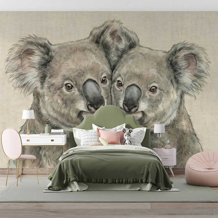Cuddling Koala Watercolor Mural Wallpaper — Soft Animal Art Mural Wallpaper