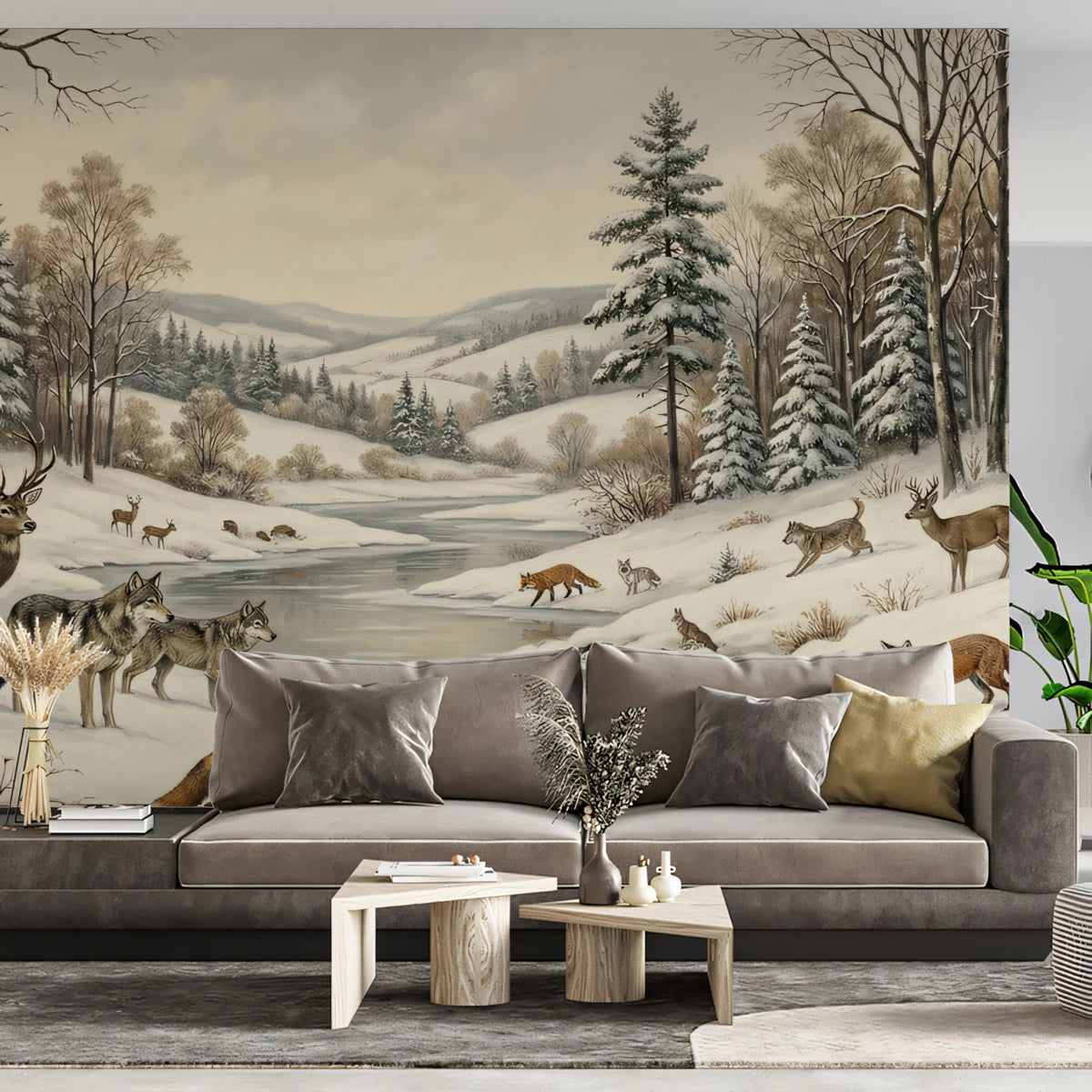 Snowy Wildlife Forest Mural Wallpaper —Winter Cabin Illustration Mural Wallpaper - pure wallpaper artwork