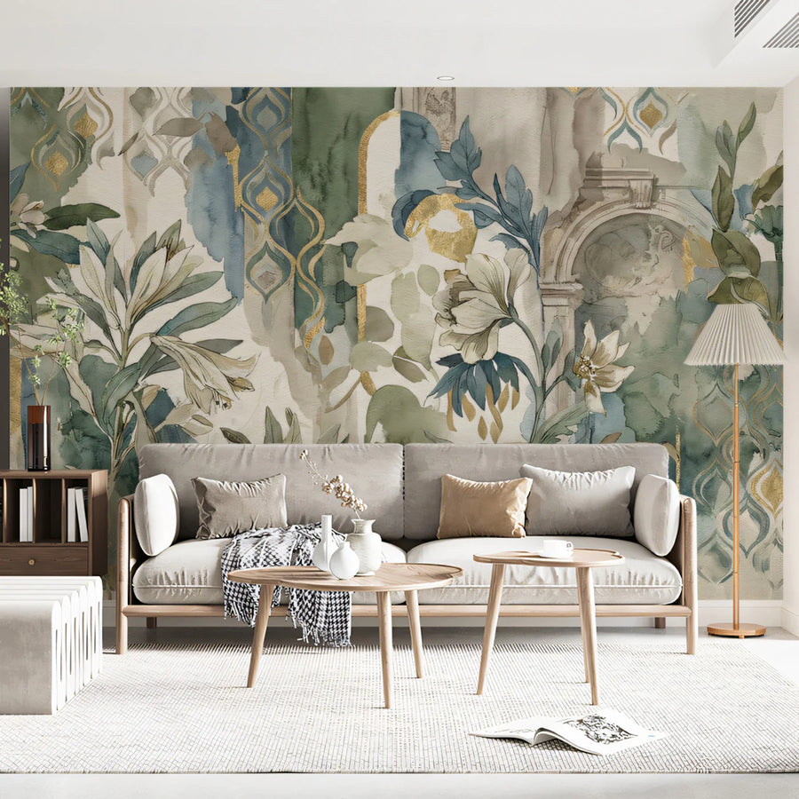 Watercolor Archway & Floral Mural Wallpaper — Sage and Gold Mural Wallpaper