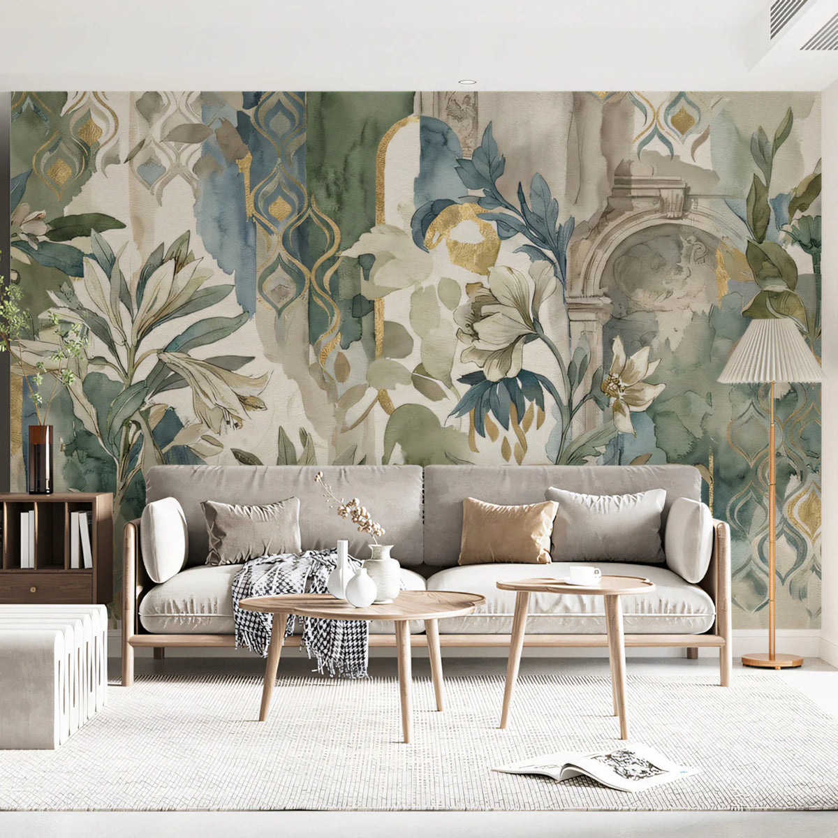 Watercolor Archway & Floral Mural Wallpaper — Sage and Gold Mural Wallpaper - pure wallpaper artwork