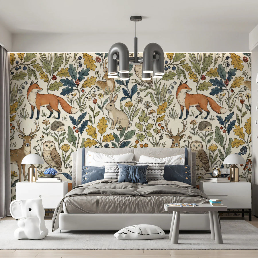 Woodland Animal Mural Wallpaper —Hand-Drawn Forest Nature Design Mural Wallpaper