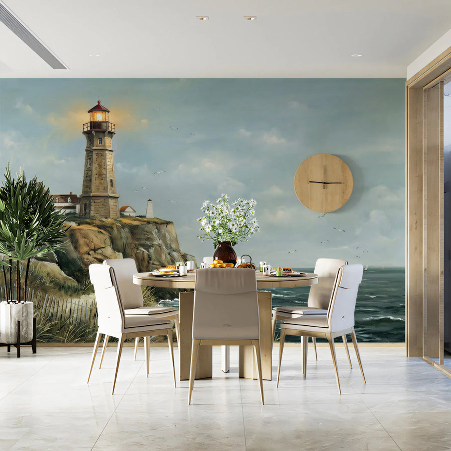 Coastal Lighthouse Mural Wallpaper — Vintage Seaside Cliff Landscape Mural Wallpaper